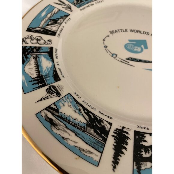Vintage Seattle Worlds Fair 1962 Souvenir Plate Blue White Space Needle - Picture 6 of 12